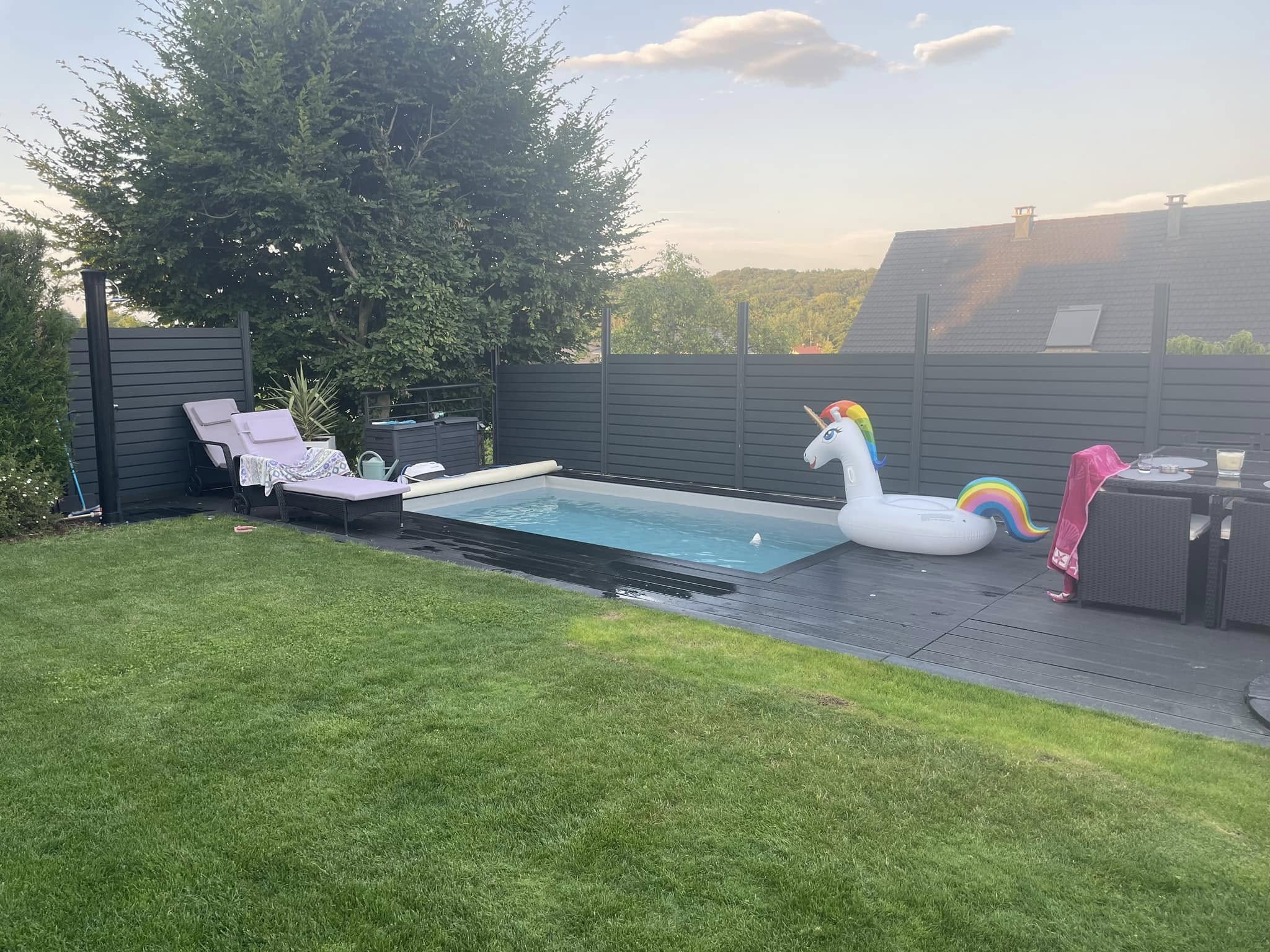 Piscine container avec terrasse et jardin aménagé